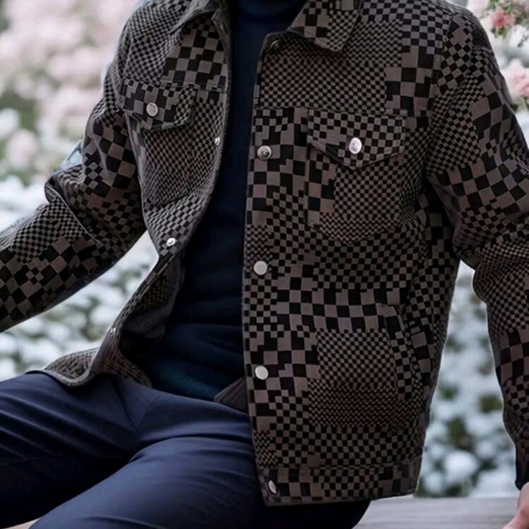 Men's Turn-Down Collar Checkerboard PU Leather Jacket, Business Style - Picture 3 of 5